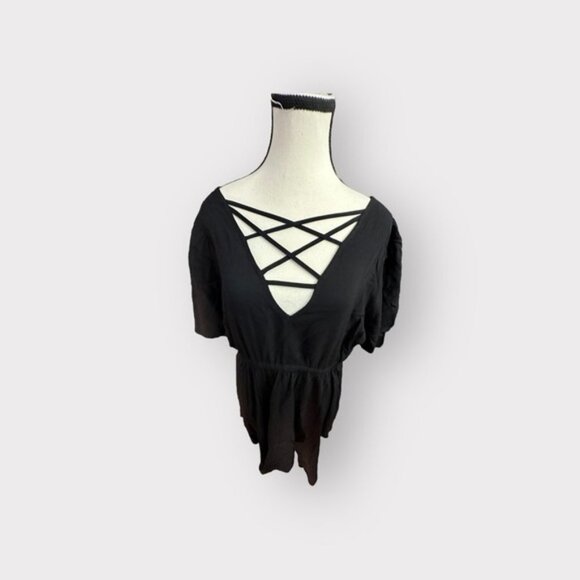 Women’s Torrid 0 Black Mini Challis Skater Dress Strappy Back 12 Large - Picture 8 of 14